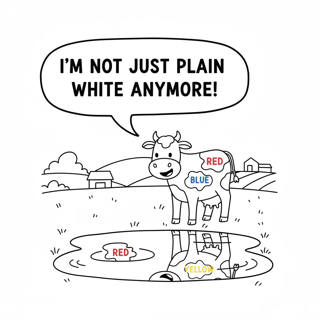 Back home, Daisy looked at her reflection in a clear puddle. To her delight, she saw faint, joyful splashes of red, blue, and yellow on her white coat