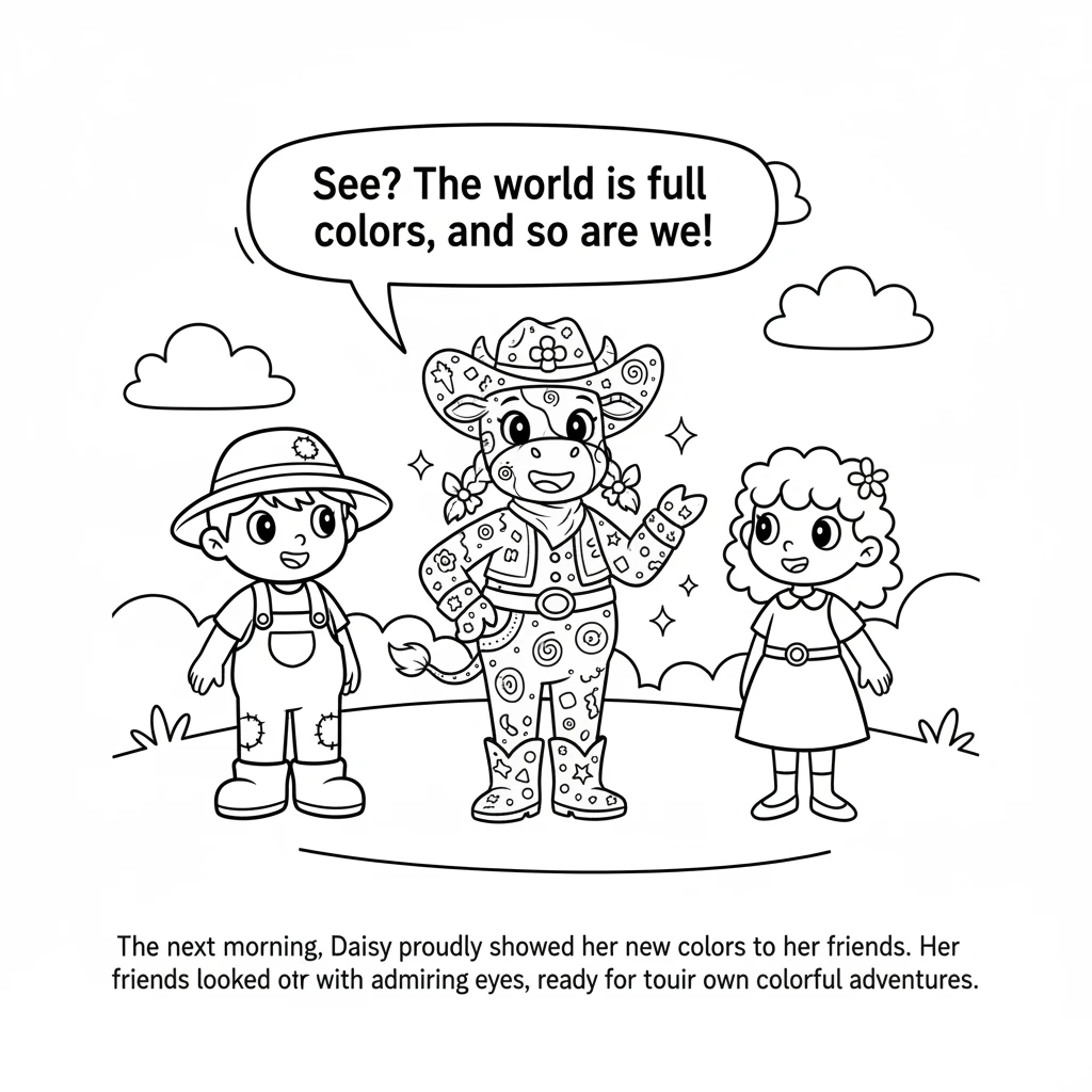 The next morning, Daisy proudly showed her new colors to her friends. 'See?' she mooed happily. 'The world is full of colors, and so are we!' Her frie