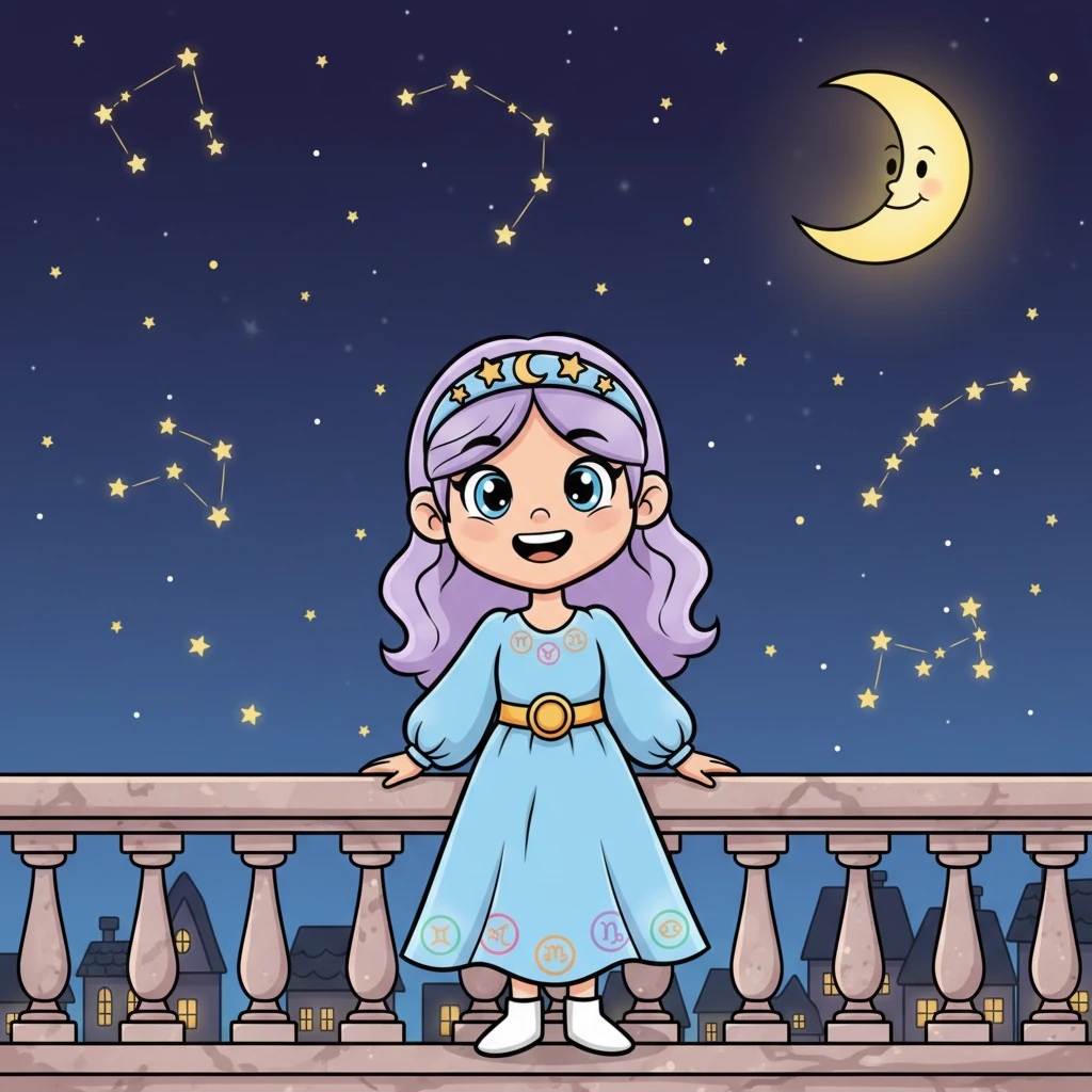 Celeste, una bambina dai grandi occhi curiosi, amava osservare il cielo notturno dal suo balcone. Le piaceva contare le stelle scintillanti e sognare di volare tra di esse.