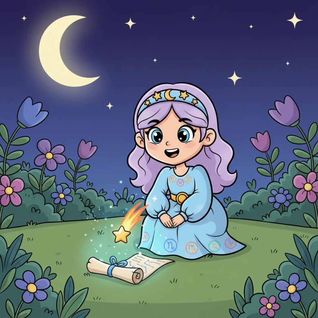 Una notte, una piccola stella cadente atterrò dolcemente nel suo giardino, lasciando dietro di sé una vecchia pergamena arrotolata. Era una Mappa Stellare, che brillava di una luce misteriosa.