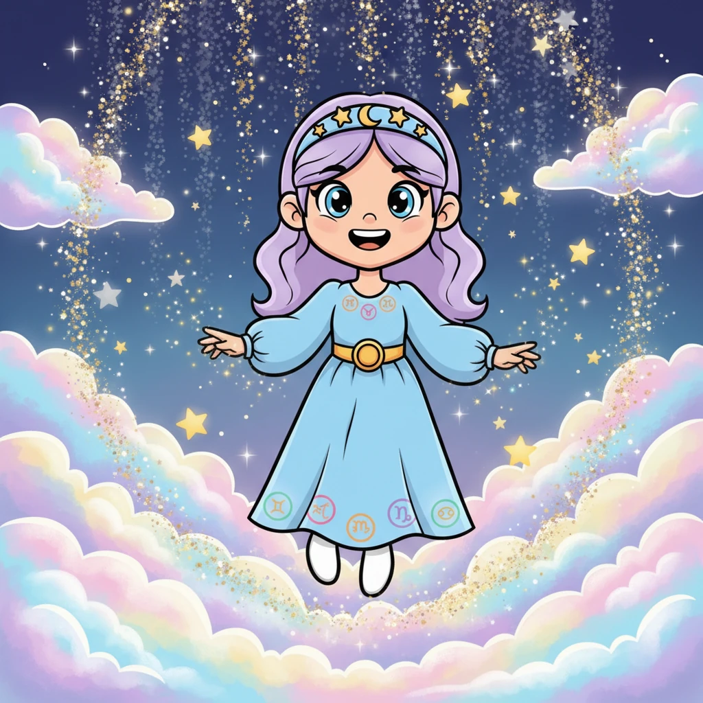 Non appena Celeste toccò la mappa, fu avvolta da una polvere di stelle luccicante e si ritrovò in un reame etereo. Era circondata da nuvole iridescenti e stelle danzanti.