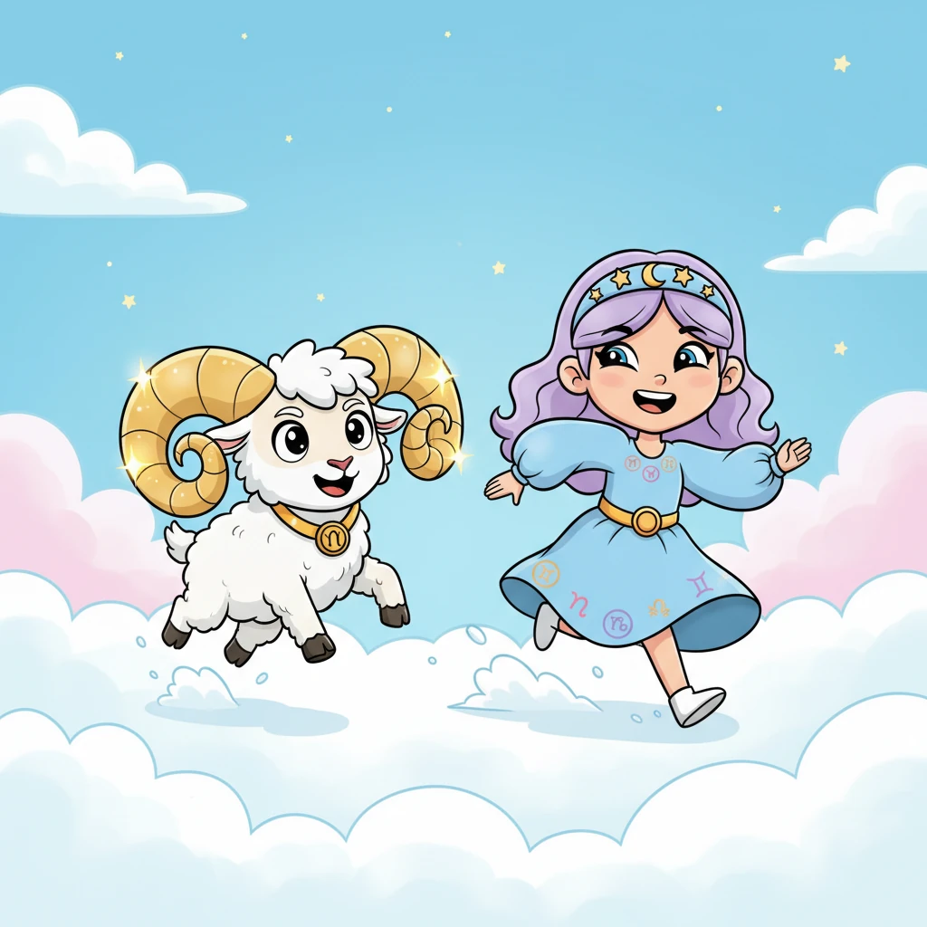 Il primo essere che incontrò fu un ariete vivace e giocoso, con corna d'oro scintillanti e un sorriso birichino. "Sono Ariete!" belò, invitandola a correre con lui tra le nuvole.