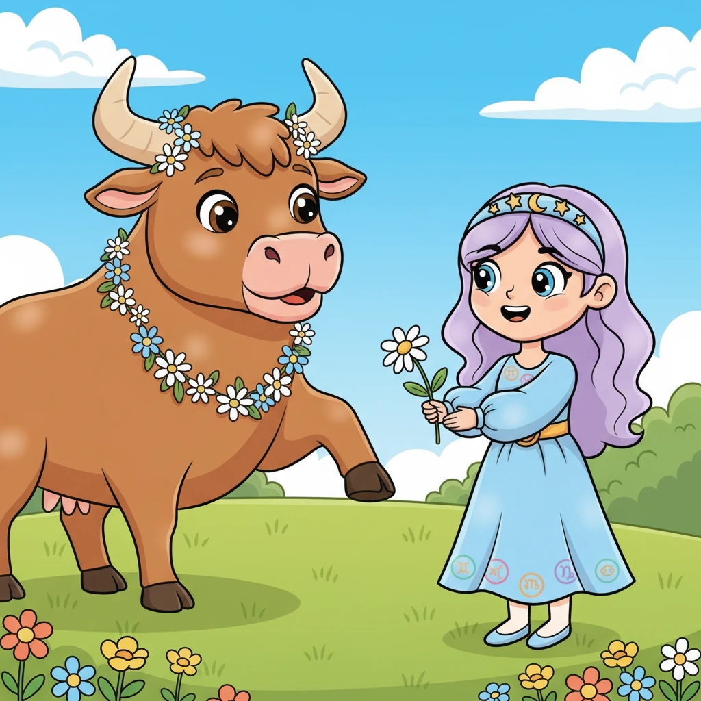 Poco dopo, incontrò un toro gentile e forte, adornato di fiori selvatici e un'espressione serena. "Io sono Toro," muggì con calma, offrendo a Celeste una margherita profumata.