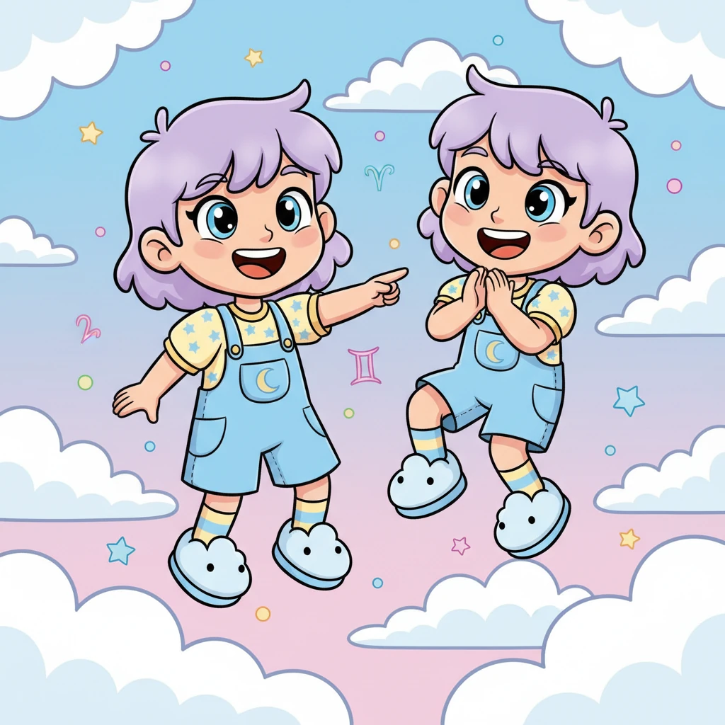 Volando tra le nuvole, due bambini sorridenti le fecero cenno con entusiasmo. "Siamo i Gemelli!" dissero all'unisono, invitandola a condividere una risata e un gioco divertente.