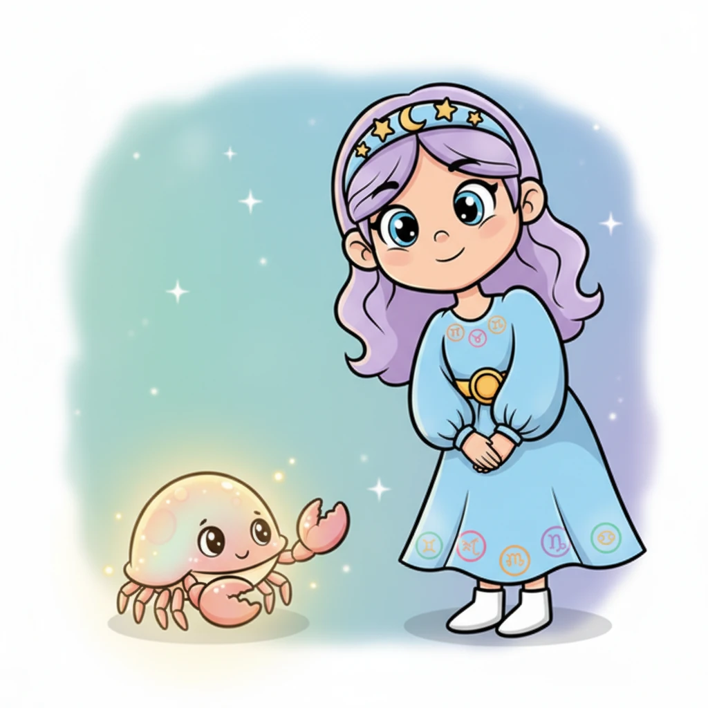 Un granchio luminoso, dal guscio perlato e occhi dolci, si avvicinò timidamente. "Sono Cancro," sussurrò dolcemente, offrendo a Celeste un caldo e confortante abbraccio.