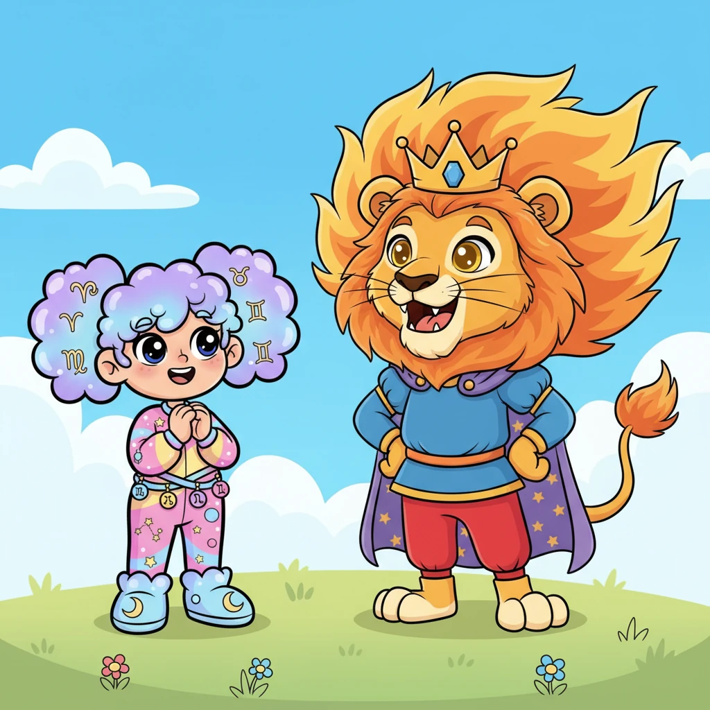 Poi, un maestoso leone con una criniera fiammeggiante la salutò con un ruggito amichevole e pieno di orgoglio. "Io sono Leone, il cuore coraggioso!" esclamò con gioia.