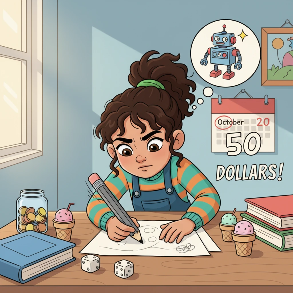 Izabela sits at her desk, surrounded by textbooks and a calendar circled with '50 DOLLARS!' Her eyes are wide with determination as she sketches out a plan, a thought bubble above her head showing a shiny new item.