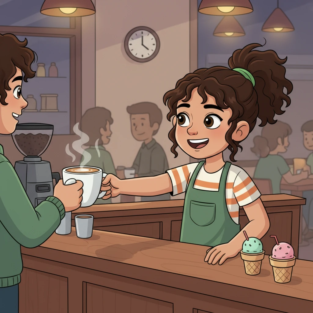 At the bustling coffee shop, Izabela, wearing an apron, cheerfully hands a customer a steaming latte. She's smiling, but a small clock next to her shows late evening hours, highlighting her long shifts.