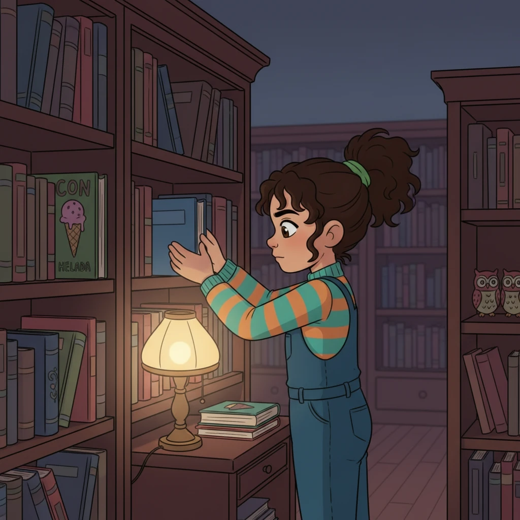 Later that night, Izabela is at her second job, a quiet bookstore. She's carefully shelving books, a gentle lamplight illuminating her focused face, showing her dedication even when tired.