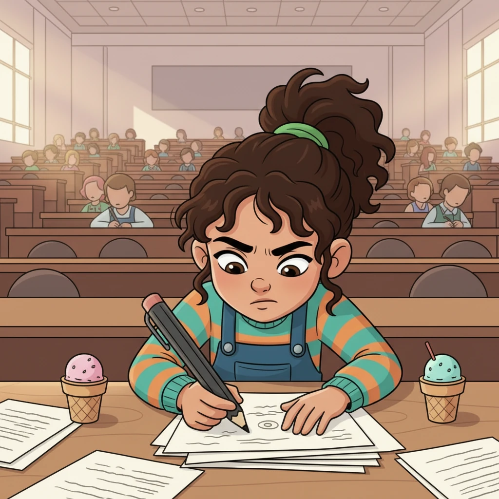The next morning, Izabela is in a college lecture hall, furiously taking notes. Despite her busy schedule, she's fully engaged in her studies, balancing her academic responsibilities with her work.