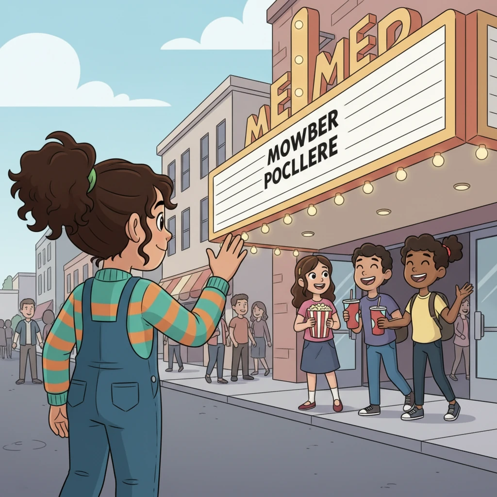 A vibrant street scene shows Izabela's friends laughing and heading into a movie theater. Izabela, though tempted, waves goodbye with a wistful smile, choosing to walk past them, illustrating her commitment to her goal.