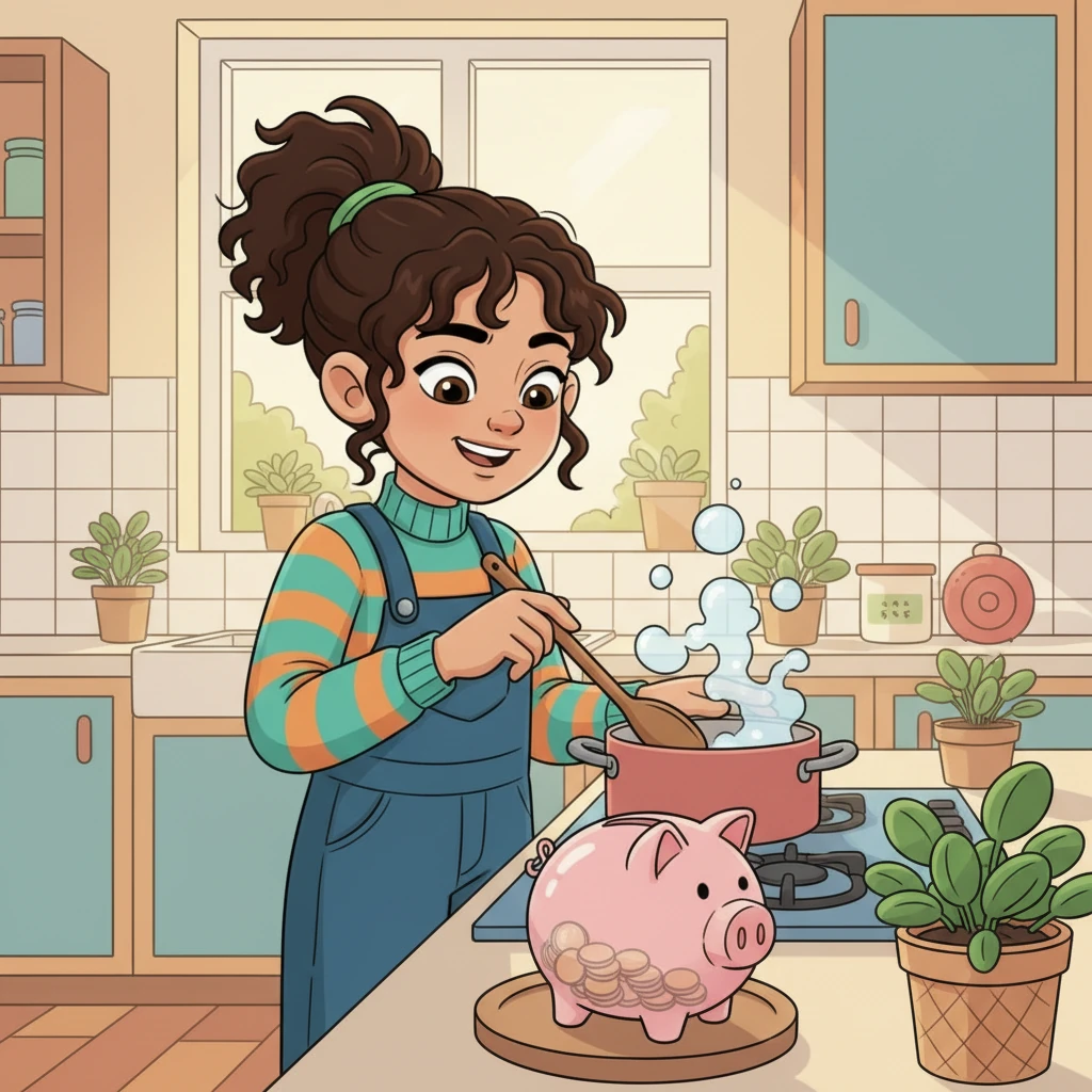 Izabela is in her kitchen, creatively making a simple, delicious meal. Next to her, a small piggy bank is slowly filling up, symbolizing her careful spending and smart choices.