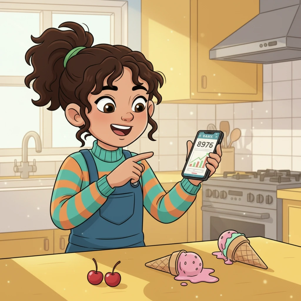 She's seen diligently checking her bank app, a look of satisfied surprise on her face as the numbers grow. A small bar graph next to the app shows her progress towards her goal.