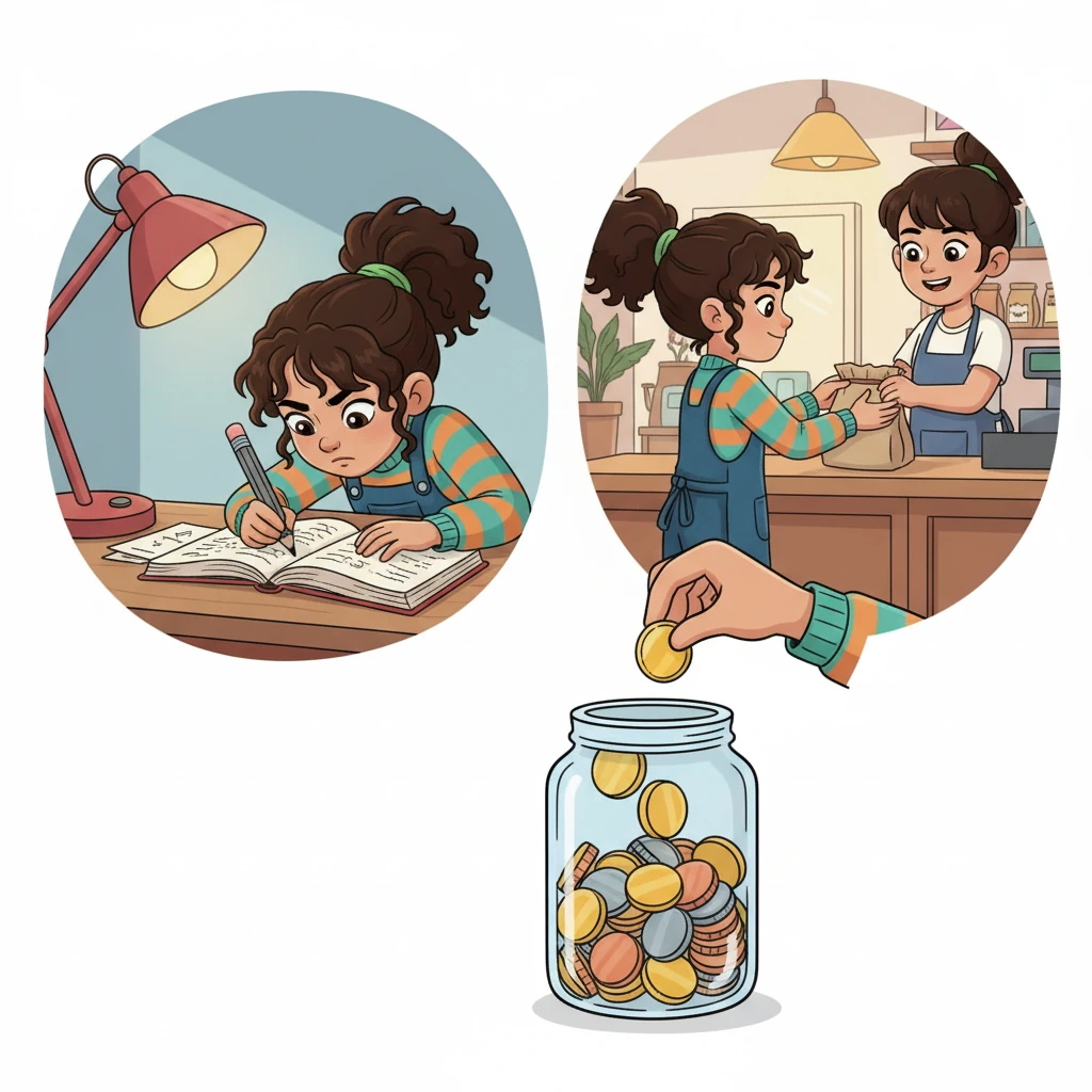 A montage of Izabela working extra hours, studying late, and making careful choices. Each small effort adds up, visually represented by coins dropping into a growing pile.