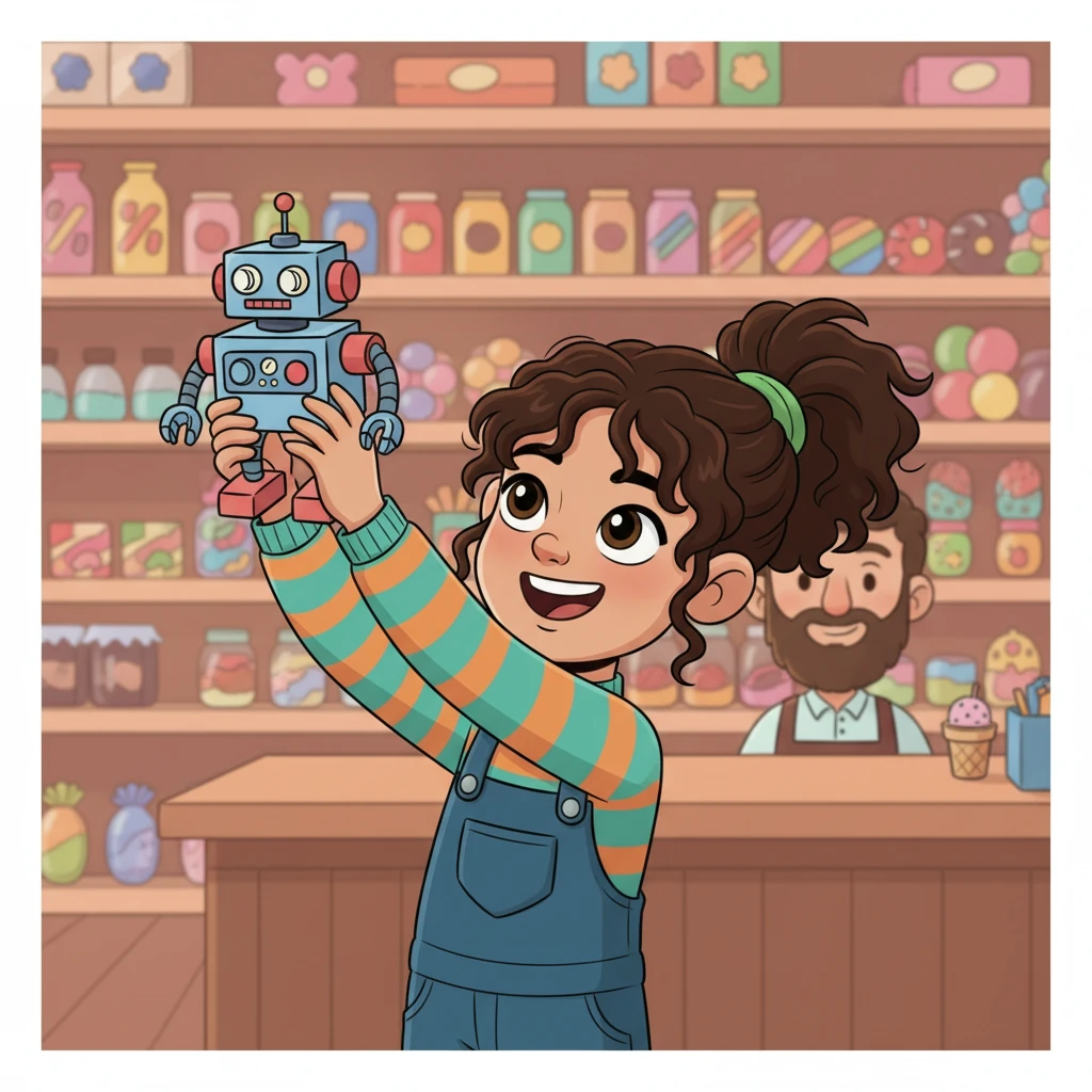Two months later, Izabela is at a small shop, proudly holding the item she saved for. Her face glows with happiness and accomplishment, a testament to her hard work.