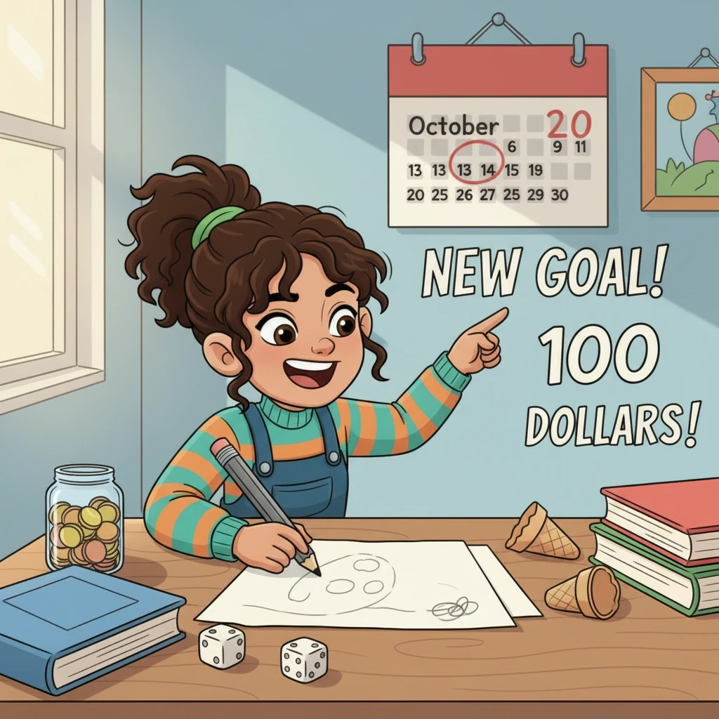 Izabela is back at her desk, but this time she's looking at a new, bigger goal on her calendar. She has a confident smile, ready for her next challenge, showing her newfound financial wisdom and determination.