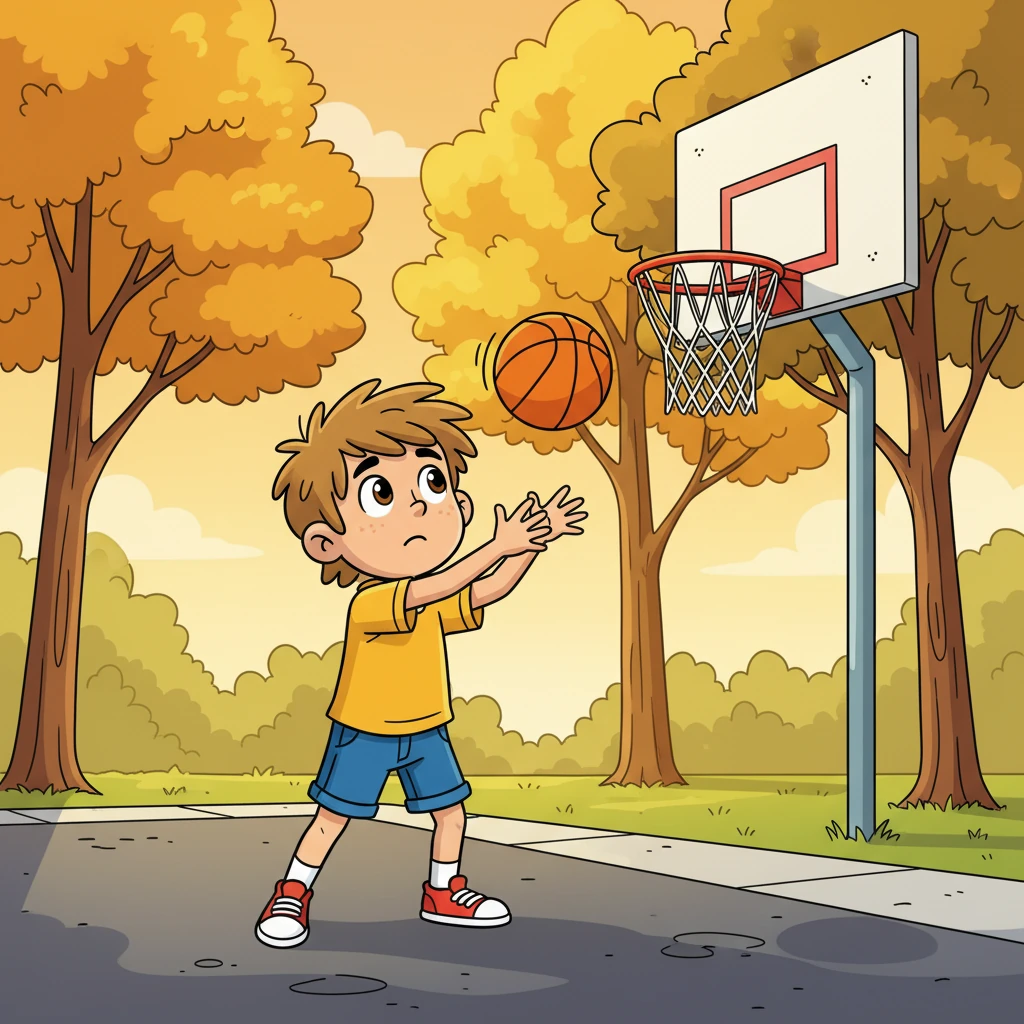 Salvador, un niño de ojos brillantes y cabello castaño, jugaba solo en el parque.  El sol de la tarde doraba las hojas de los árboles, mientras él intentaba encestar una pelota de baloncesto.  Se sentía un poco inseguro, dudando de sus habilidades.