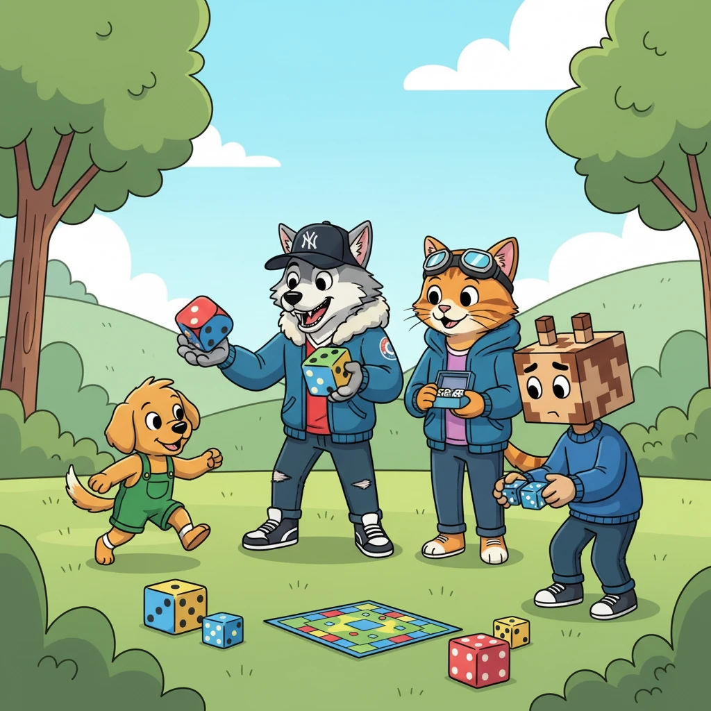 De repente, se acercaron tres niños: Axel, un chico enérgico con una gorra; Maverick, un poco más tímido pero con una sonrisa amable; y Rusty, un perrito juguetón.  Le invitaron a unirse a su juego de dados.  Salvador, titubeante, aceptó.