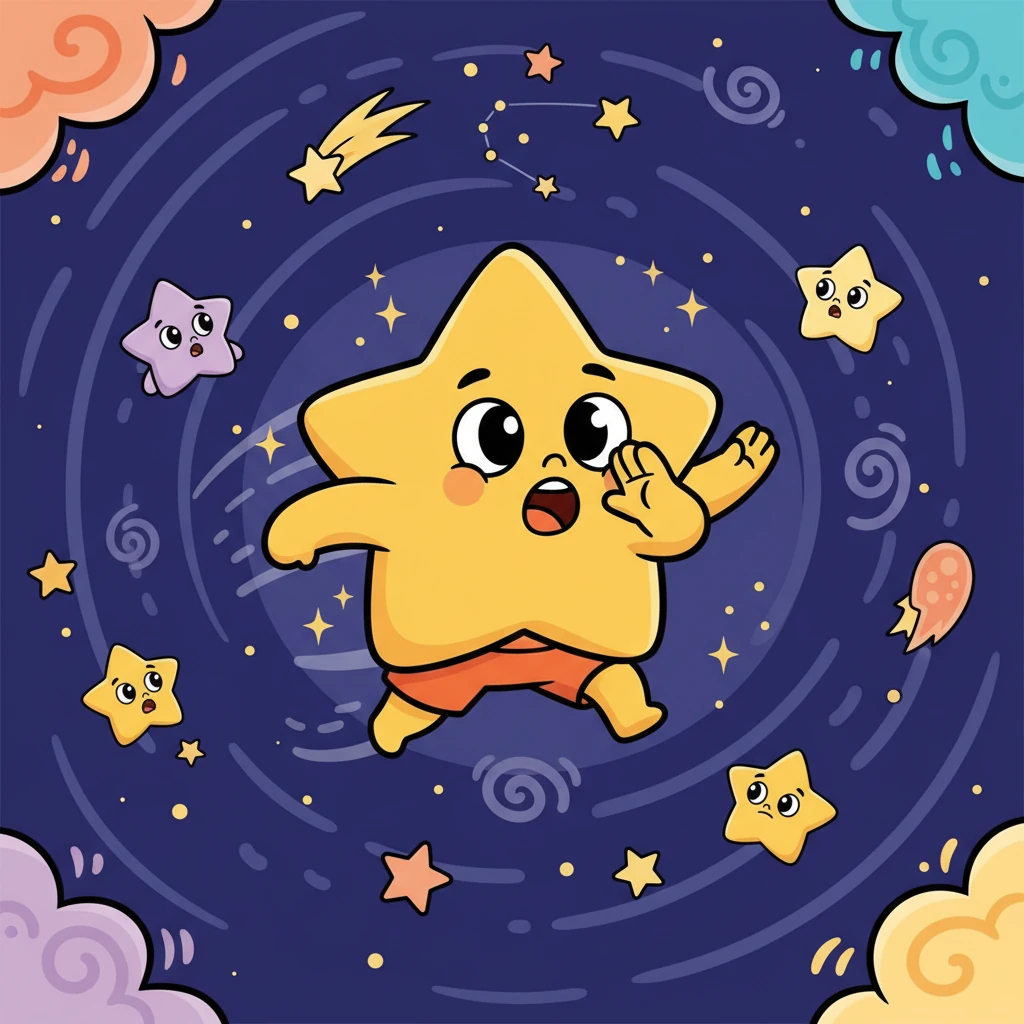 A tiny, energetic star named Twinkle, with bright, curious eyes, noticed Luna's absence. "Where could she be?" Twinkle wondered, zipping through the constellations.