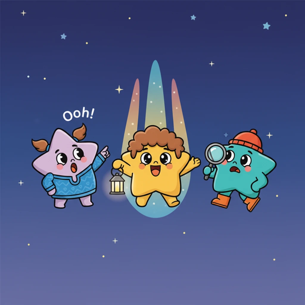 Twinkle zoomed over to Sparkle and Glimmer, two other playful stars, their light trails leaving shimmering streaks. "Luna isn't out tonight! We must find her!" Twinkle chirped excitedly.