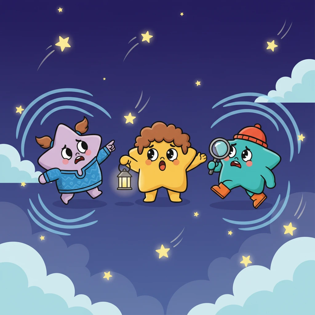 The three little stars began their search, calling out Luna's name in soft, musical whispers that echoed through the vast expanse. Their tiny lights darted across the sky, determined to find their friend.
