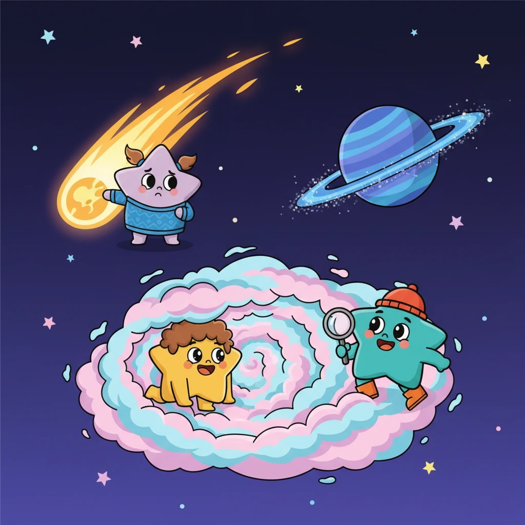 They looked in all sorts of silly places: behind a speedy comet, under a swirling nebula that looked like cotton candy, and even in the sparkly rings of a distant planet.