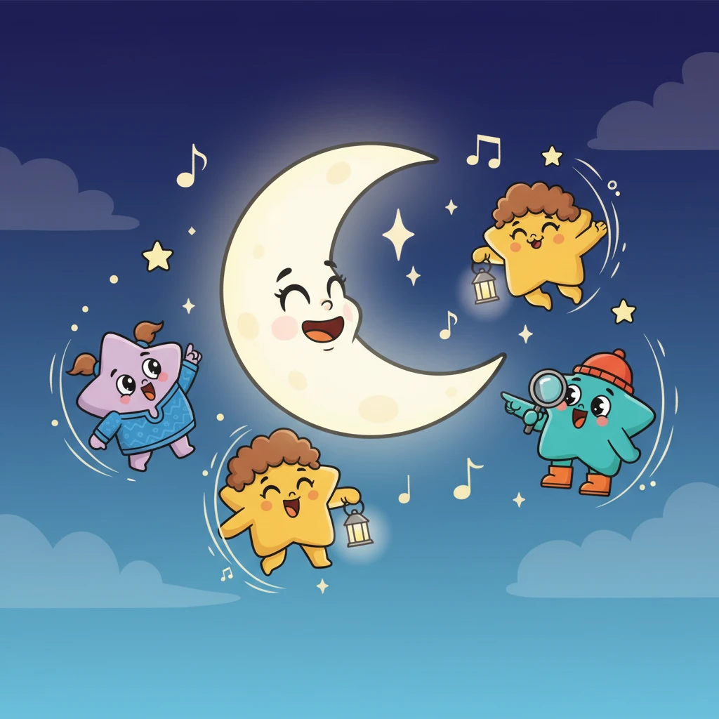 With a final, joyful burst of song from her star friends, Luna fully emerged, casting her soft, silvery glow across the entire night sky. She wasn't shy anymore, but wonderfully radiant, completing the beautiful celestial scene.