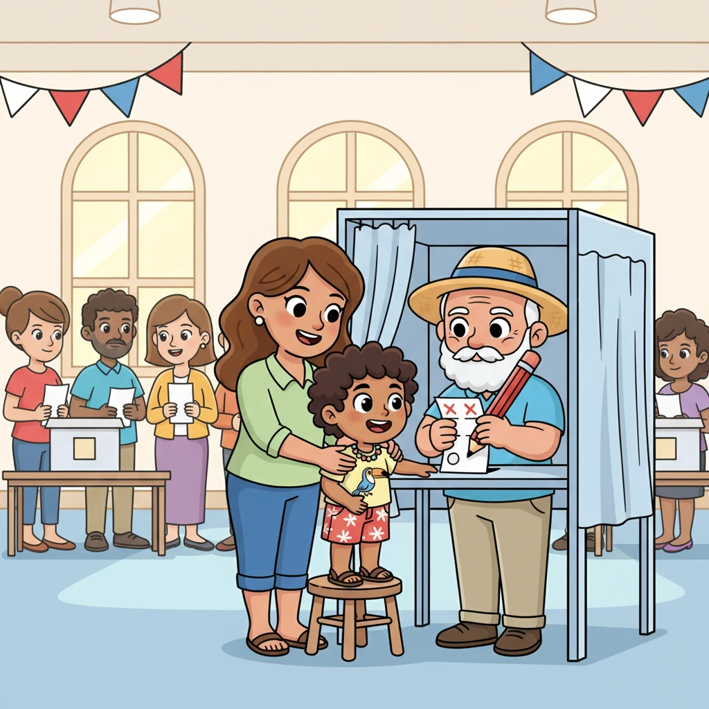 Grandpa then described Election Day, where citizens 18 and older go to polling stations. He demonstrated how they receive a ballot and secretly mark an 'X' next to their chosen candidate. Mom added that this "secret ballot" ensures no one knows who you voted for, protecting privacy.