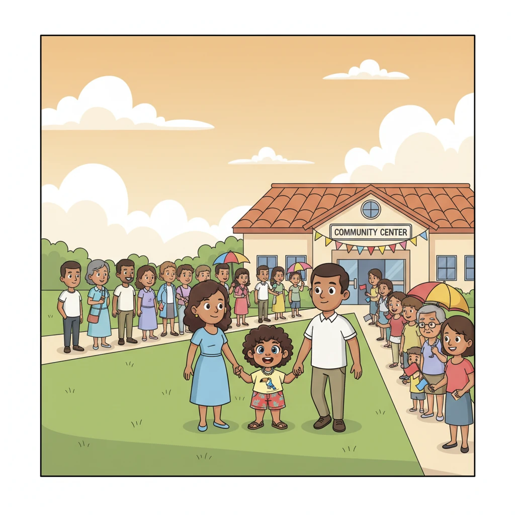 On Election Day, Greg walked hand-in-hand with his parents to the community center, transformed into a lively polling station. A long, patient line of people, from young adults to wise elders, stretched outside under the warm Belizean sun, all ready to cast their votes.