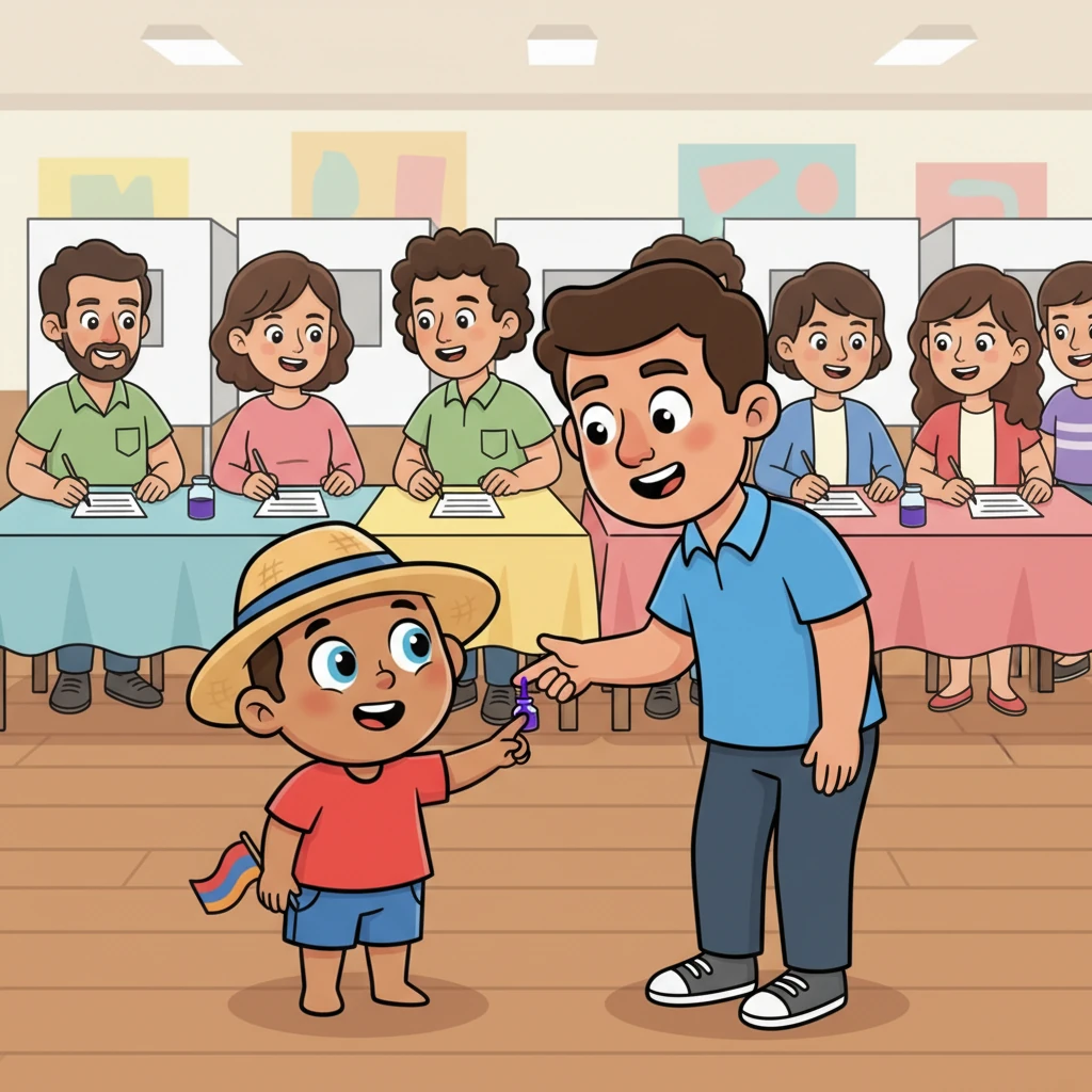 Inside, busy election workers cheerfully checked names, and voters dipped their fingers in purple ink after casting their ballots. Greg, wide-eyed, whispered, "Why the ink?" Dad explained it was a clever way to ensure no one voted twice, a vital part of a fair election.