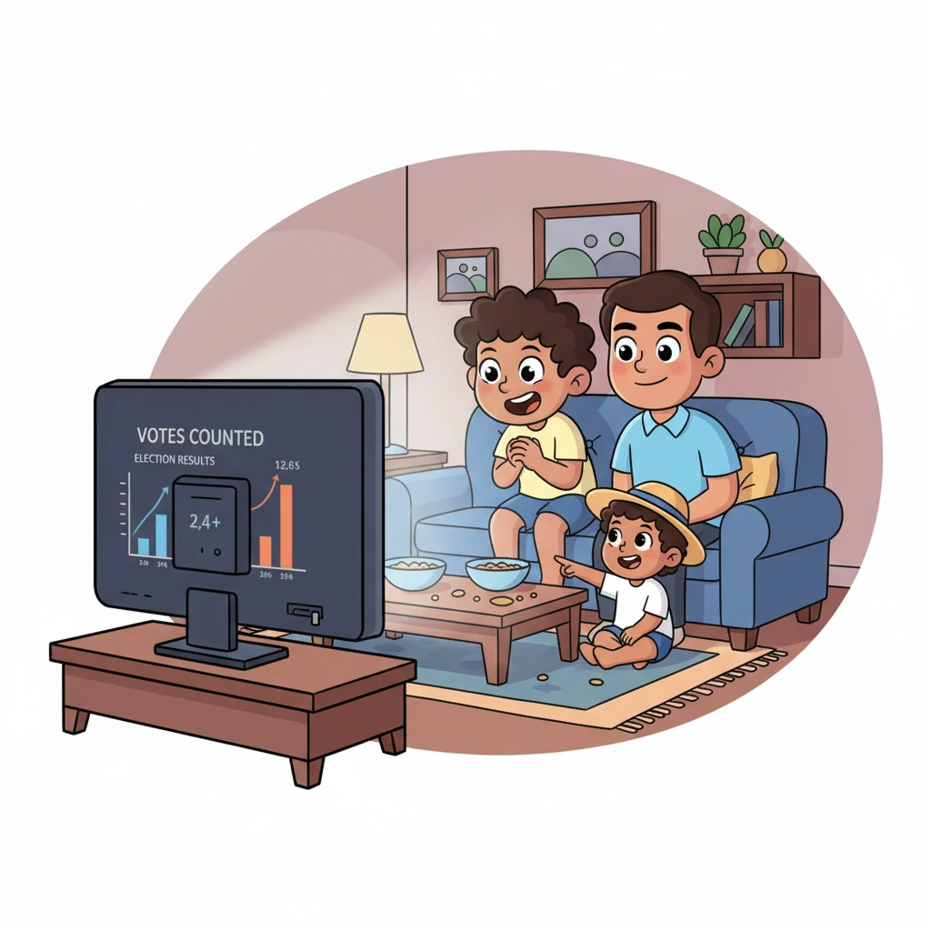 That evening, the entire family gathered excitedly around their television, the screen flickering with election results. Hours passed as votes were counted across the nation, the tension building with every announced number. Greg sat on the edge of his seat, eagerly awaiting the final outcome.