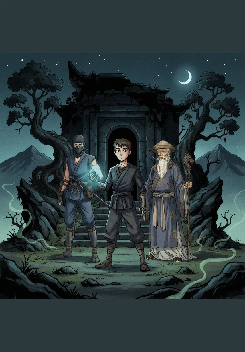 Камінь у руках Левка продовжував випромінювати м'яке блакитне світло, розсіюючи нічну темряву острова. Ніндзя завмерли в очікуванні, відчуваючи дивну силу, що кликала їх за собою у невідоме.