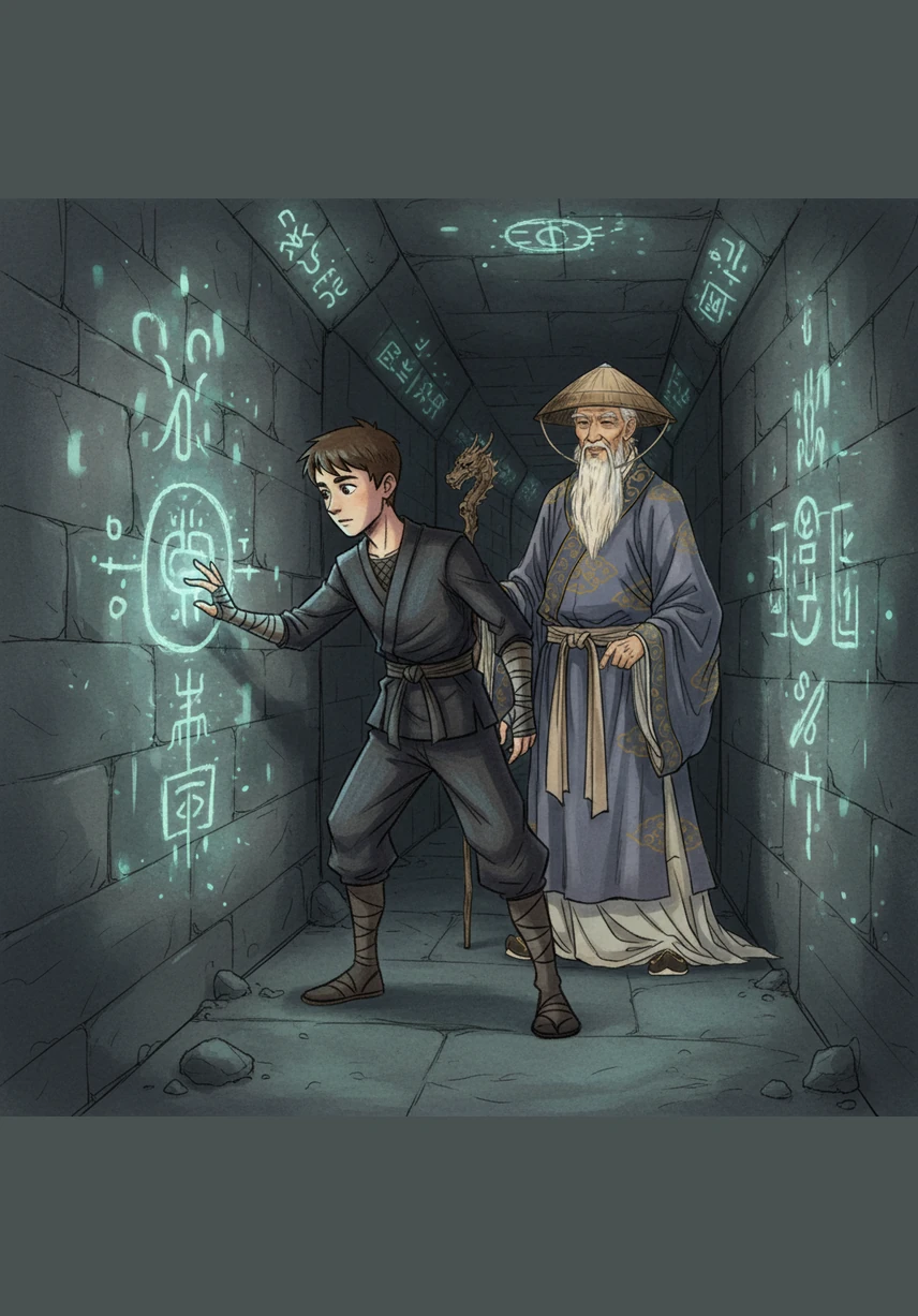 Стіни вузького підземного тунелю були вкриті стародавніми символами, що мерехтіли таємничим сяйвом. Левко обережно провів рукою по холодному каменю, відчуваючи відлуння далекої епохи, що закарбувалася в цих знаках.