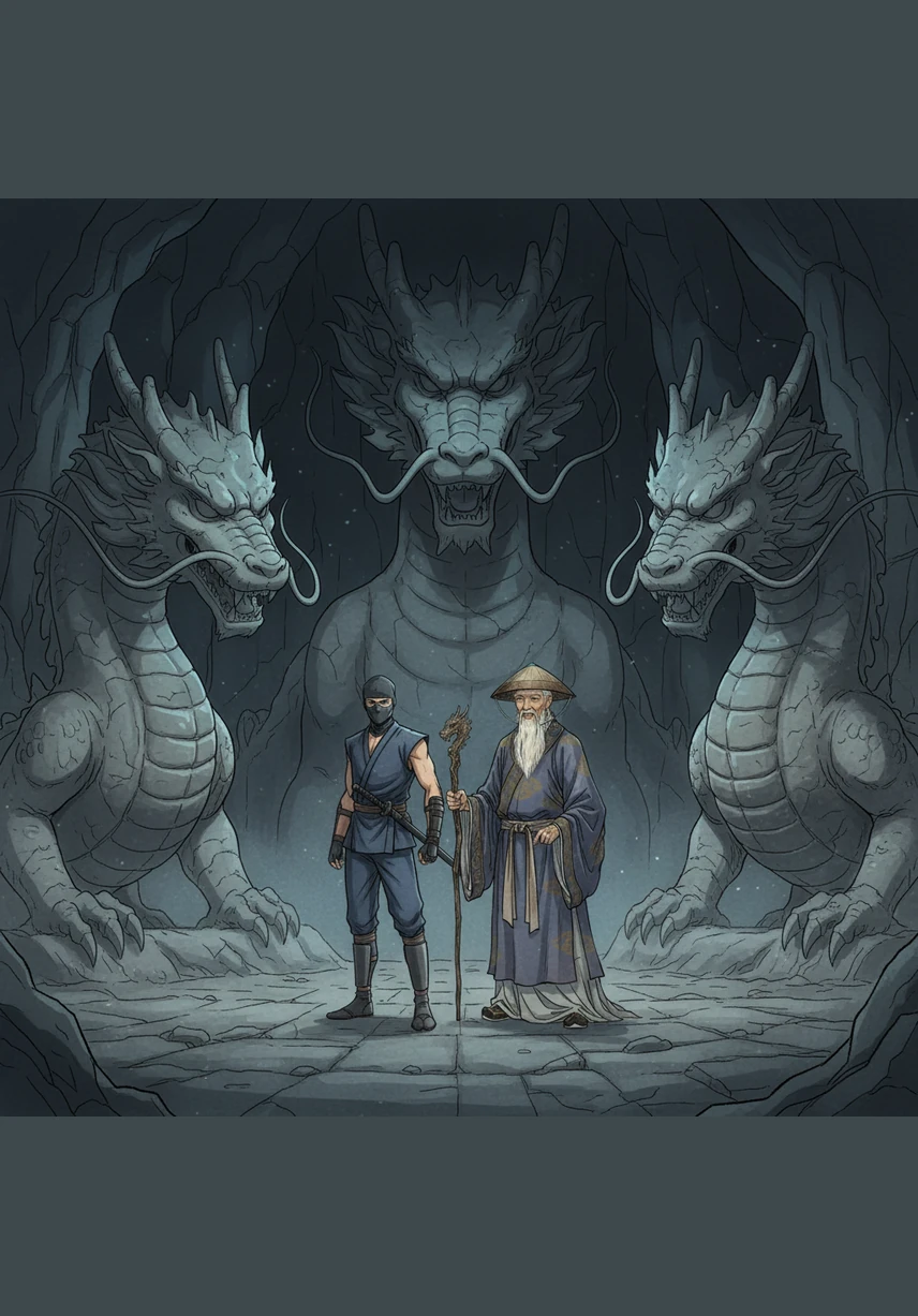 Герої увійшли до величної підземної зали, де в напівтемряві височіли гігантські статуї драконів. Ці кам'яні вартові мали суворий вигляд і здавалися майже живими, охороняючи спокій цього священного місця.