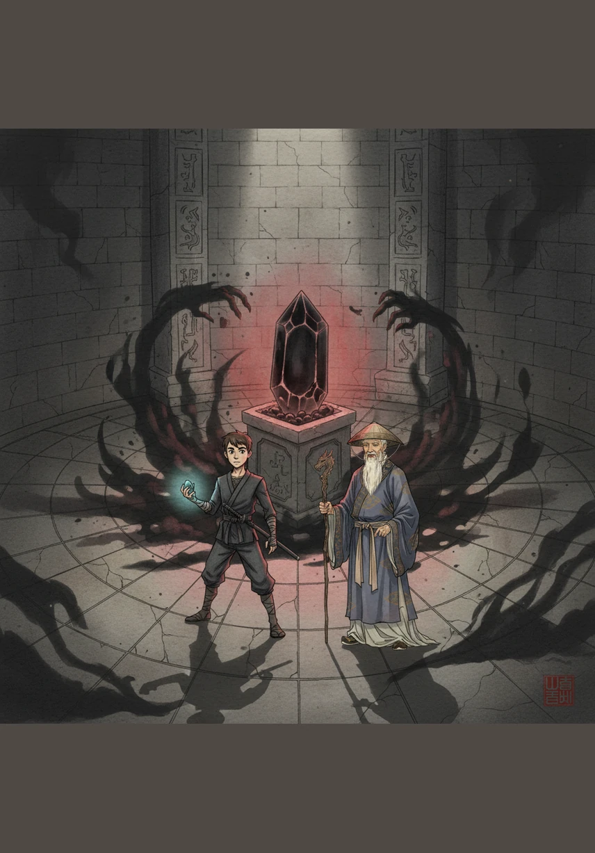 У самому центрі зали на п'єдесталі лежав загадковий чорний кристал, оточений слабким червоним сяйвом. Навколо нього почали згущуватися зловісні тіні, які цього разу здавалися набагато сильнішими та небезпечнішими.