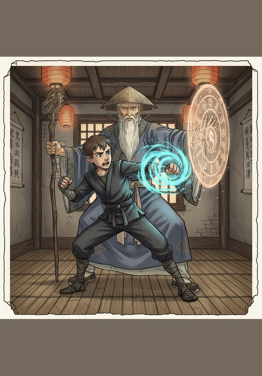 Майстер Ву підняв руку, зупиняючи своїх учнів і закликаючи до спокою. Він пояснив, що в цьому особливому місці сила м'язів не допоможе — тут потрібно проявити розуміння та внутрішню рівновагу.