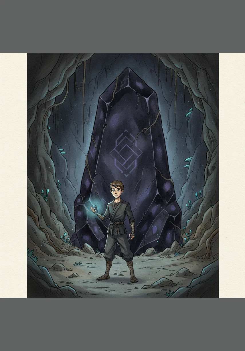 Левко наважився підійти ближче до темного каменю, і раптом світло його блакитного артефакту та темне сяйво кристала злилися воєдино. Хлопець відчув одночасно крижаний холод і приємне тепло, що пронизували його тіло.