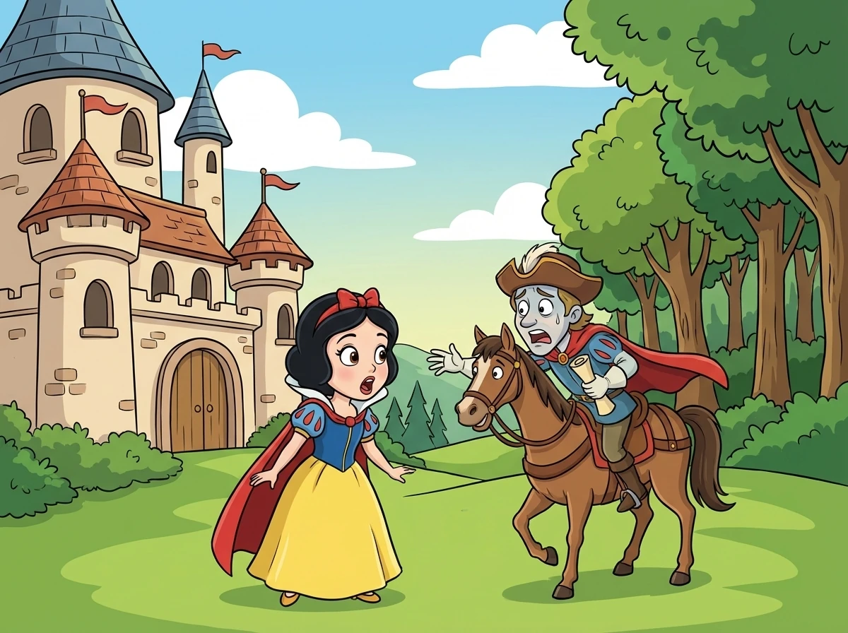 Once upon a time, in a kingdom nestled beside a whispering forest, lived Snow White. She was known for her kindness and her radiant smile that could brighten even the gloomiest day. One morning, a frantic messenger arrived, his face pale with fear.