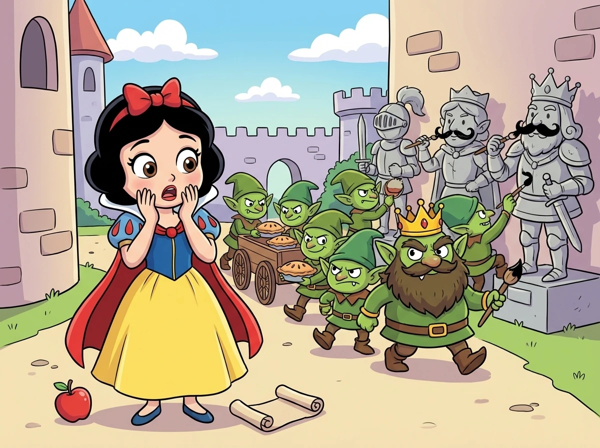The messenger reported that a horde of goblins, led by the grumpy Grungle, were marching towards the kingdom! They were stealing pies, painting mustaches on statues, and generally causing chaos. Snow White knew she had to do something.