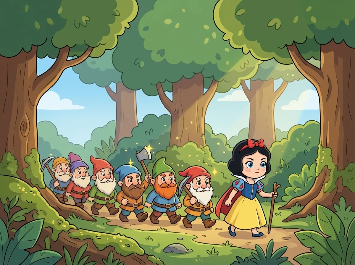 They ventured into the forest, the dwarfs leading the way, their axes glinting in the dappled sunlight. Snow White, with her unwavering resolve, walked at the front, her heart filled with determination.