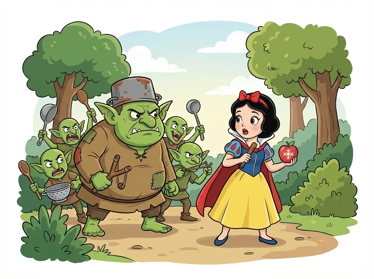 They soon encountered the goblins, a motley crew of green-skinned mischief-makers armed with slingshots and stolen kitchen utensils. Grungle, a particularly large and scowling goblin, stood at their head.