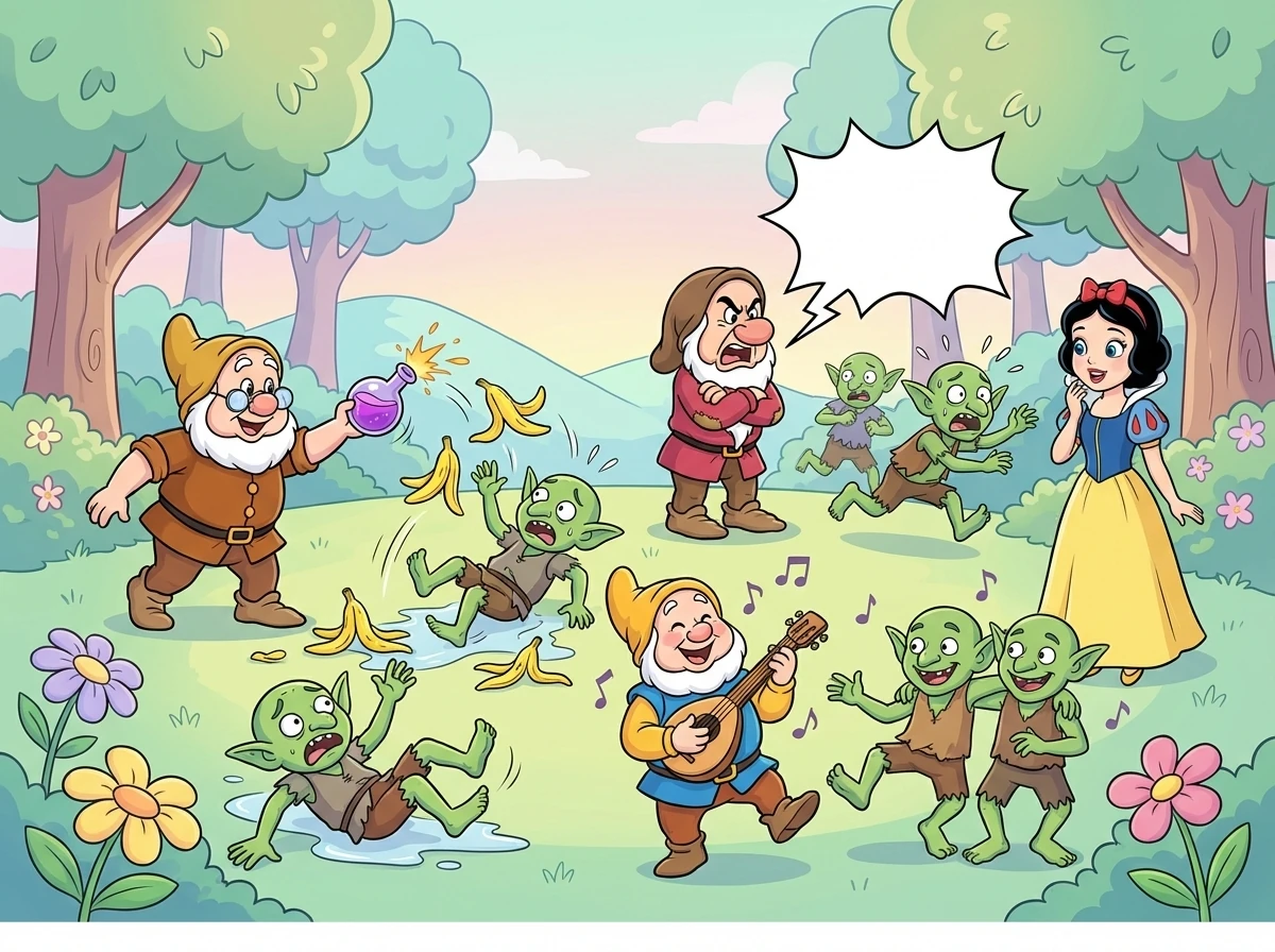 The battle began! Doc threw a potion that made the goblins slip on banana peels. Grumpy yelled so loudly that some goblins ran away in fright. Happy sang a song so catchy that some goblins started dancing instead of fighting.