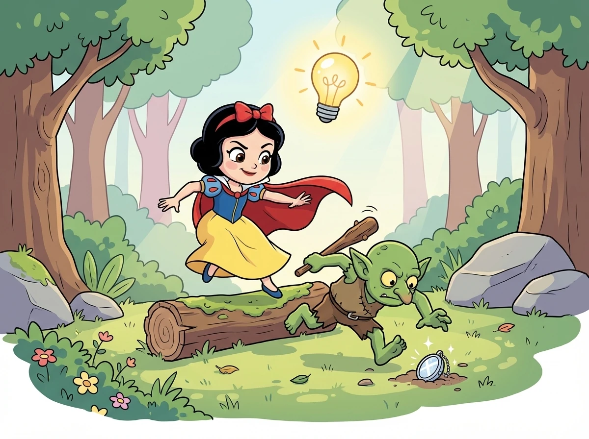 Snow White, using her quick wit and agility, dodged the goblin's attacks. She noticed Grungle was particularly fond of shiny objects. An idea sparked in her mind.