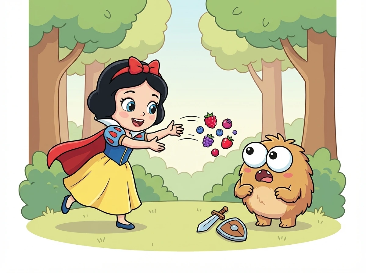 Snow White quickly gathered some berries and polished them until they gleamed. She tossed them towards Grungle, who was instantly distracted, forgetting all about the battle.