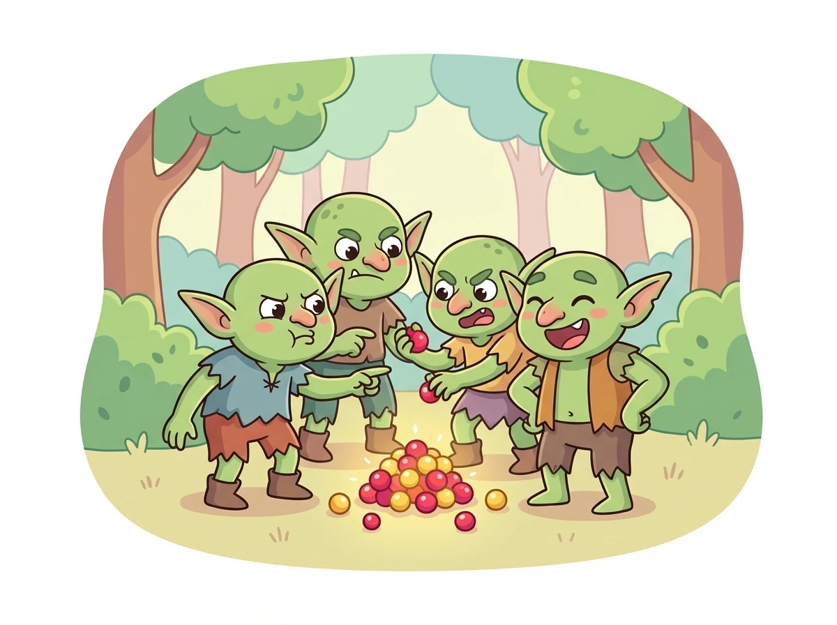 The other goblins, seeing their leader captivated by the shiny berries, lost their enthusiasm for fighting. They began arguing about who would get the berries next, their chaotic energy turning inward.