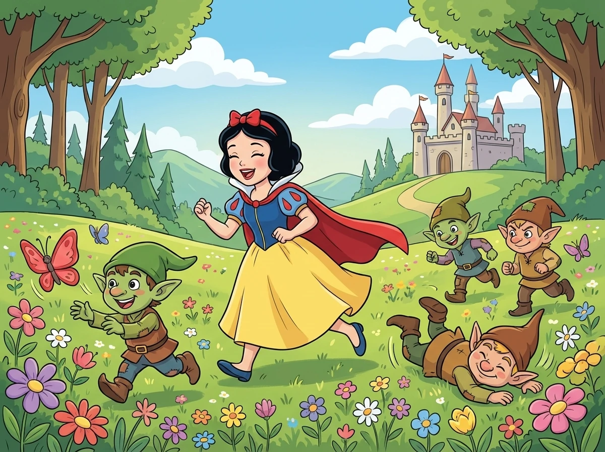 With the goblins distracted, Snow White and her friends led them away from the kingdom, towards a field of wildflowers where they could play and forget about causing trouble. The kingdom was safe, thanks to Snow White's bravery and her friends' unique talents!