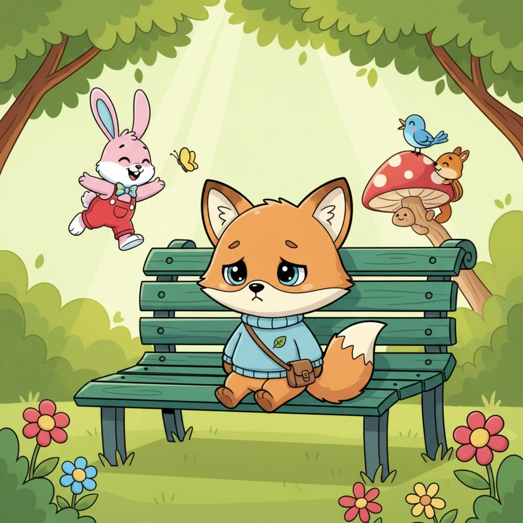 Foxy the little fox, with soft orange fur and a fluffy white tail, sat alone on a big green park bench. The sun shone brightly through the leaves, but Foxy's big, expressive eyes looked a little downcast. There were other animals playing nearby, but Foxy always felt a bit shy to join in.