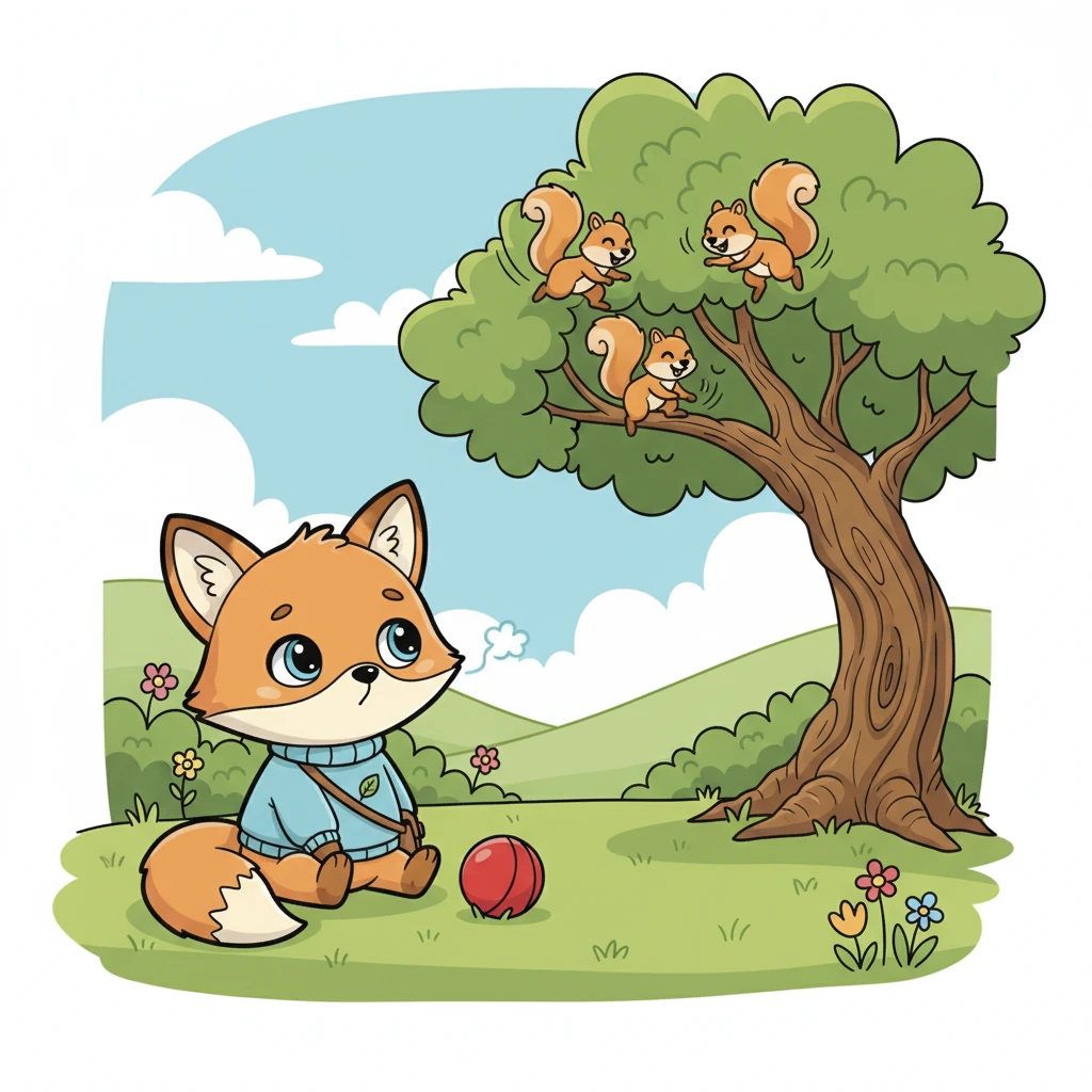 A vibrant red ball lay forgotten by Foxy's paws, unbounced and still. Foxy watched a group of squirrels chase each other up an oak tree, wishing for a friend to share the fun with. A tiny sigh escaped Foxy's nose, barely a whisper in the bustling park.