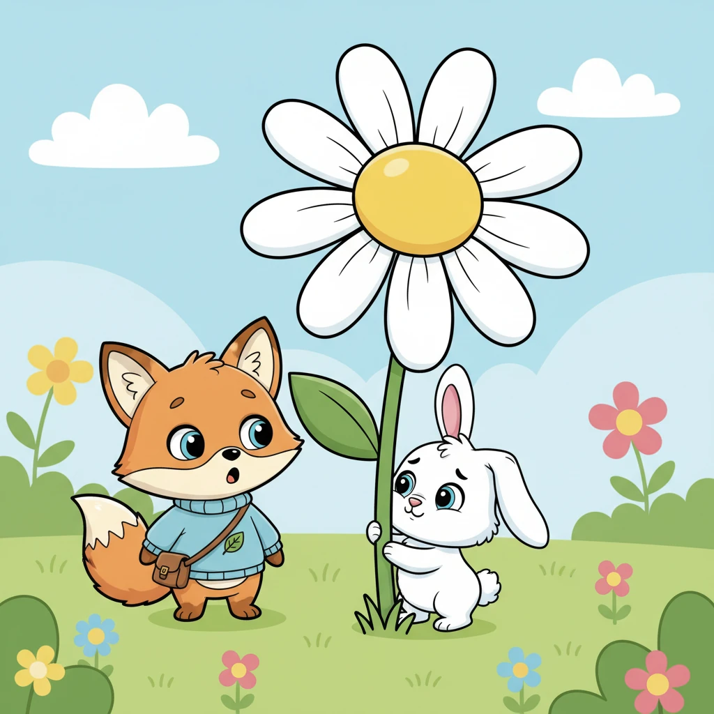 Suddenly, Foxy noticed a small, fluffy white bunny with long, wobbly ears peeking out from behind a giant daisy. The bunny, Pip, looked around with wide, worried eyes, twitching their nose nervously. Pip seemed to be searching for someone, or perhaps something.