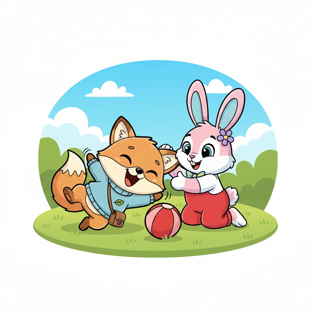 Soon, Foxy and Pip were giggling as they rolled the red ball back and forth across the soft grass. Pip discovered Foxy had the best tickle spot right behind their ears, making Foxy wriggle with delight. Their initial shyness melted away like morning dew in the sunshine.